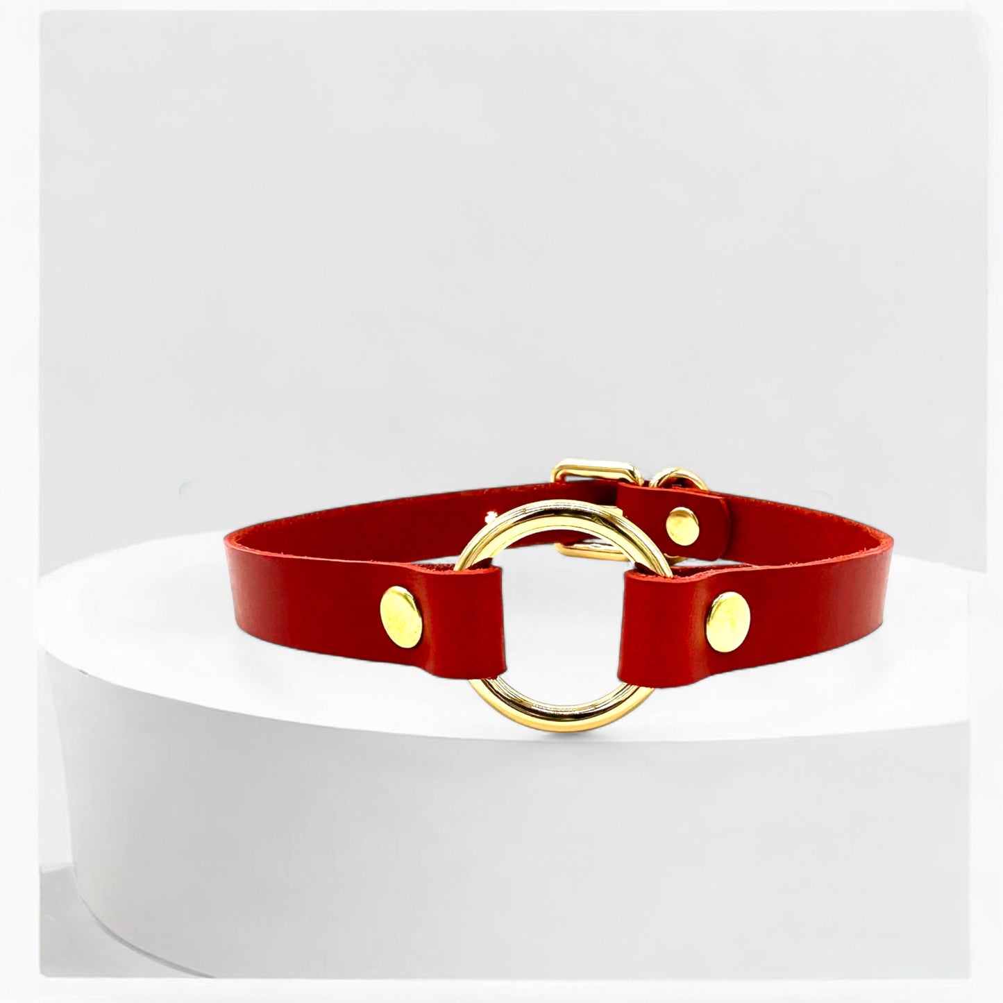 Red Italian Buttero leather O-Ring choker with gold hardware