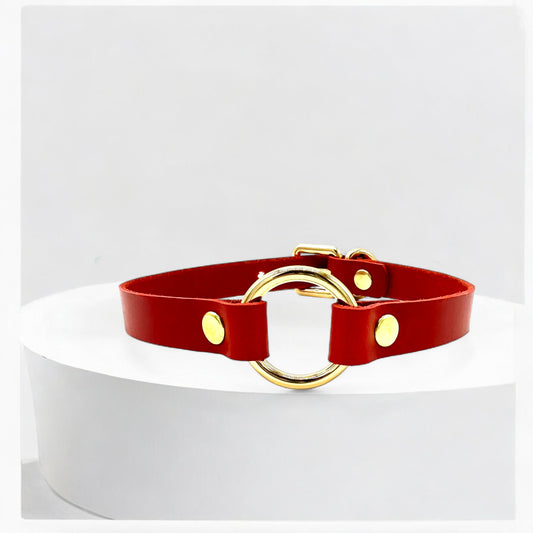 Red Italian Buttero leather O-Ring choker with gold hardware