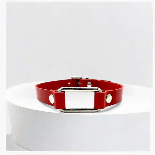 Red Italian Buttero leather rectangle-link choker with silver hardware
