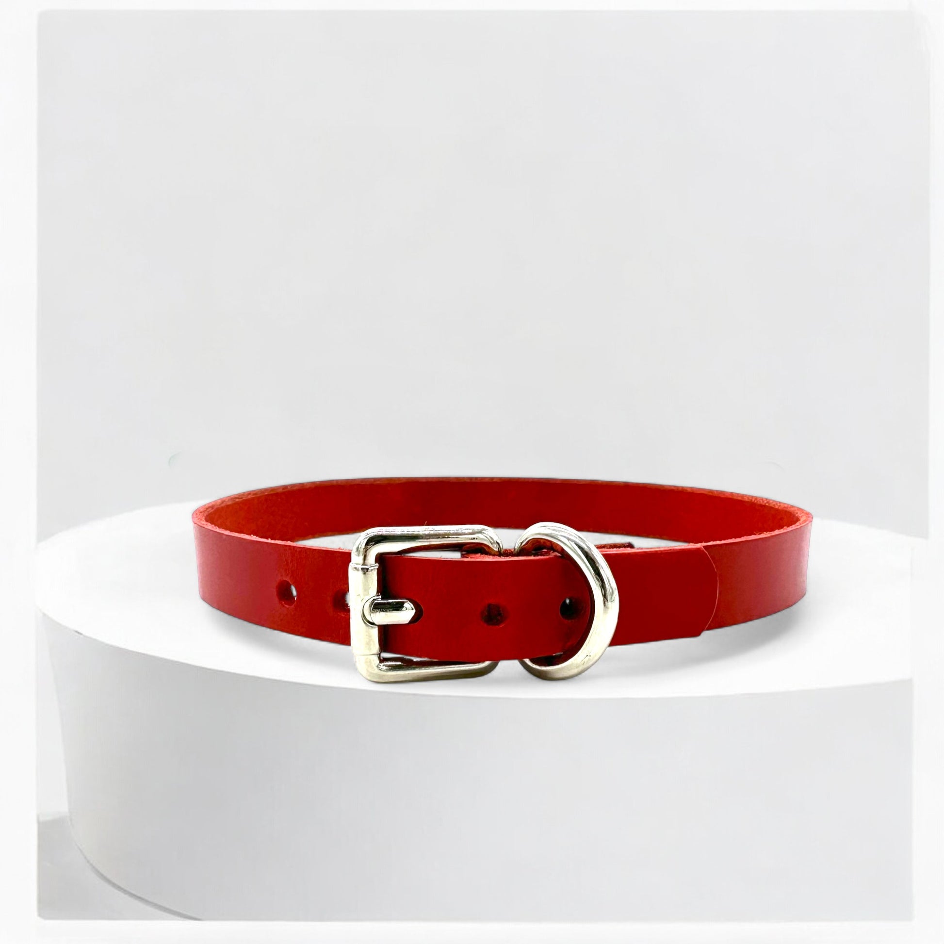 Red leather classic buckle choker with silver strap and buckle