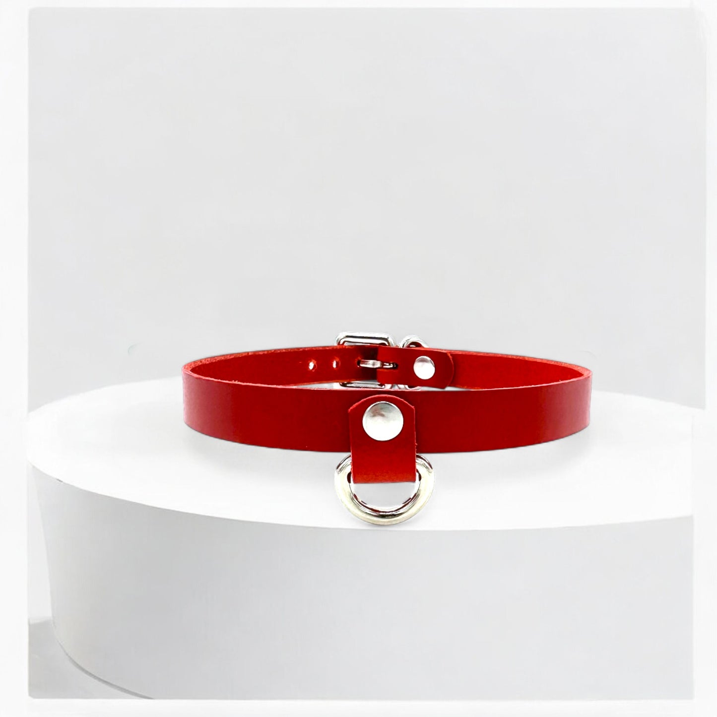Red Drop Mini D-Ring Leather Choker with silver hardware, handmade in USA
