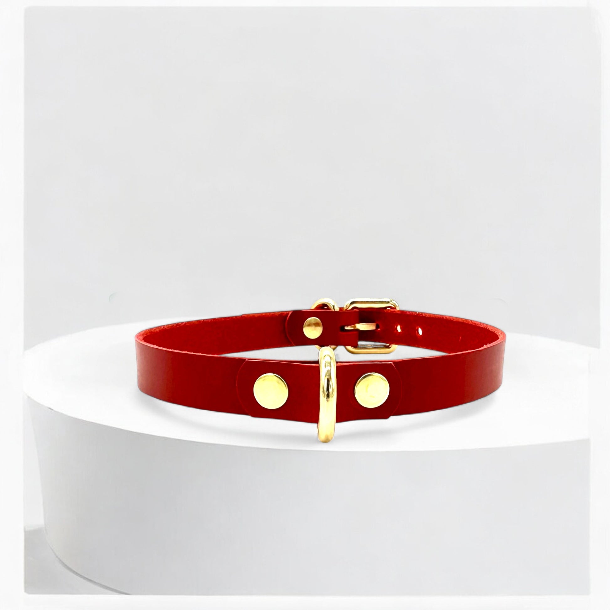 Close-up of red Italian leather Mini D-Ring Choker with polished gold hardware