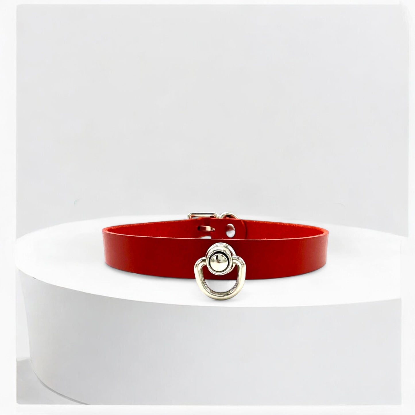 Red Italian leather middle O-Link choker with silver hardware