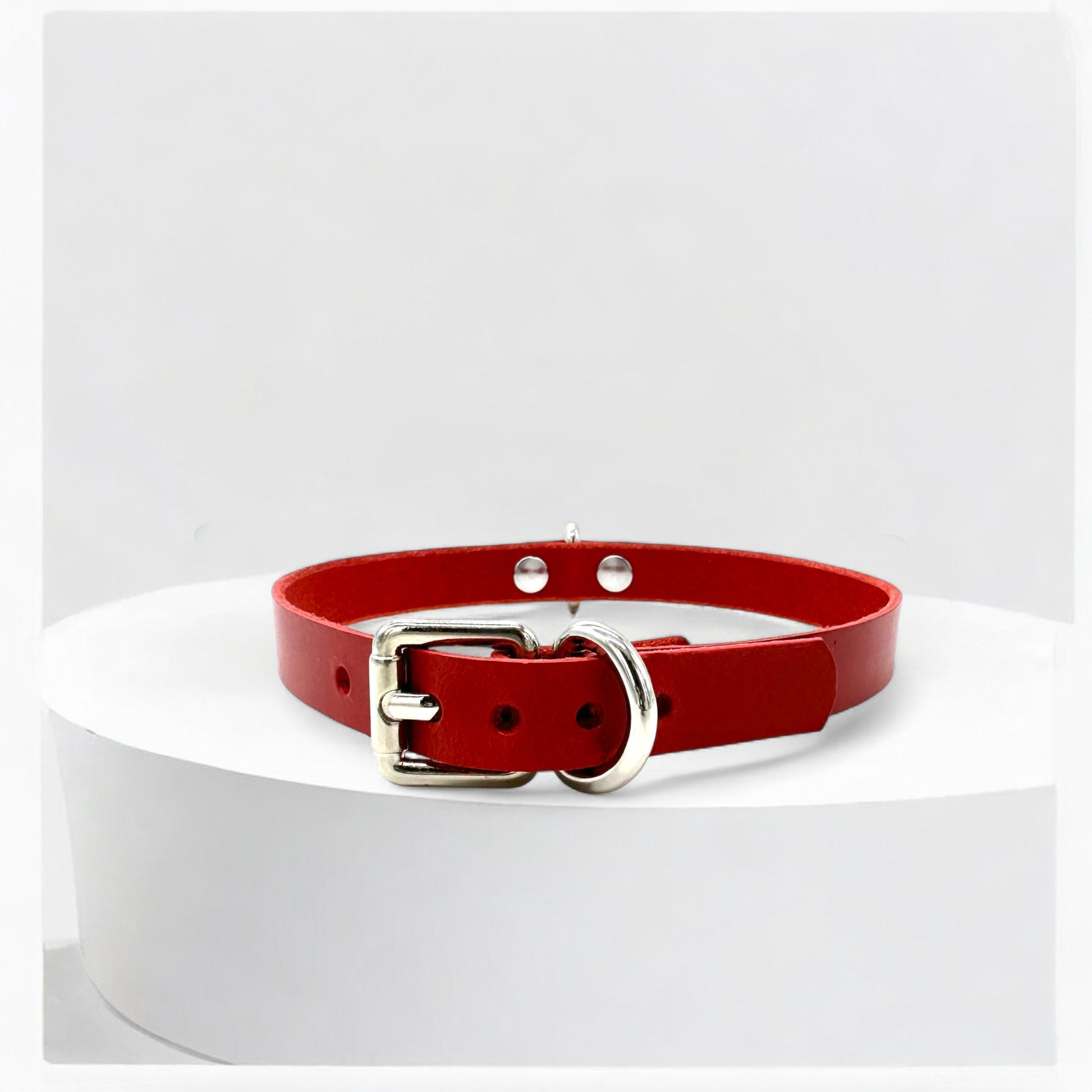 Flat lay of red Mini D-Ring Leather Choker on white background showing a silver buckle