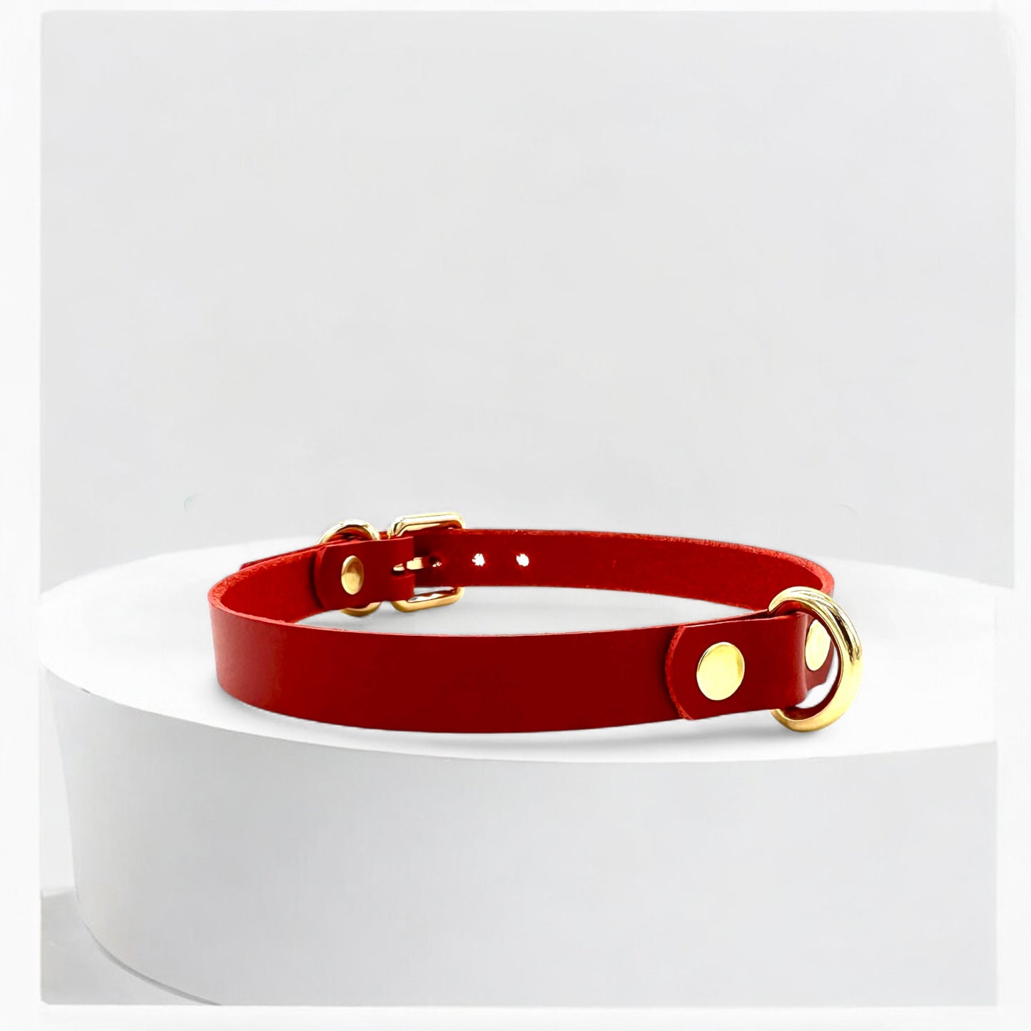 Side view of red Mini D-Ring Leather Choker, slim and elegant design