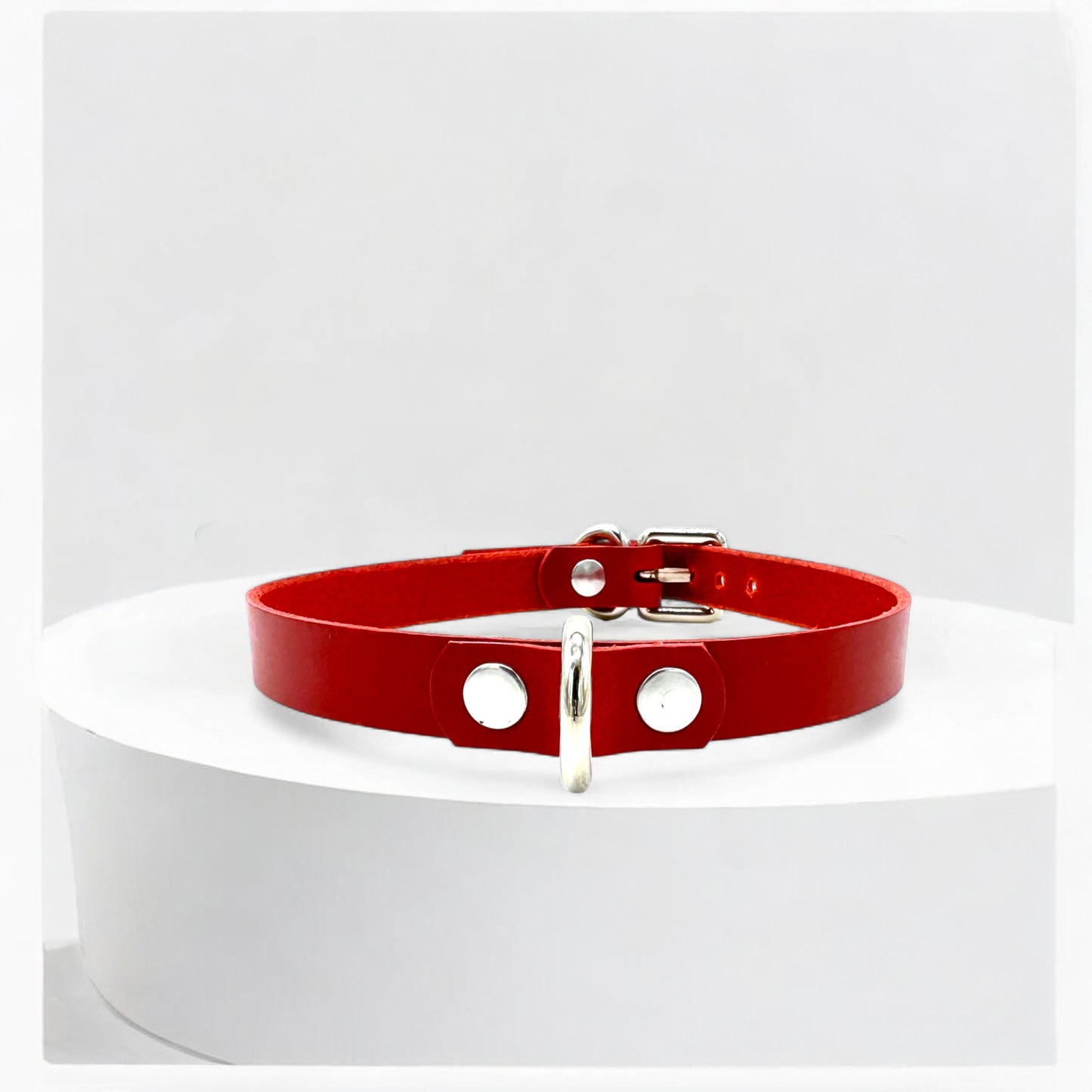 Red Mini D-Ring Leather Choker with silver hardware, handmade in USA