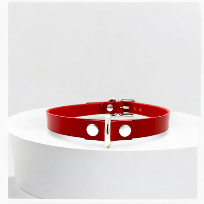Red Mini D-Ring Leather Choker with silver hardware, handmade in USA
