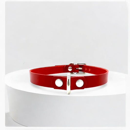 Red Mini D-Ring Leather Choker with silver hardware, handmade in USA