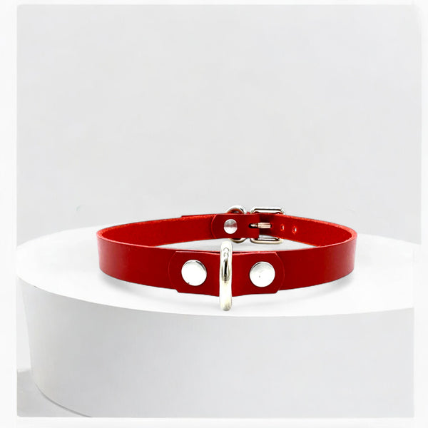 Red Mini D-Ring Leather Choker with silver hardware, handmade in USA