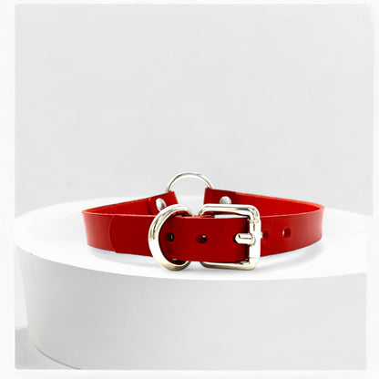 Red O-Ring leather choker with silver buckle strap